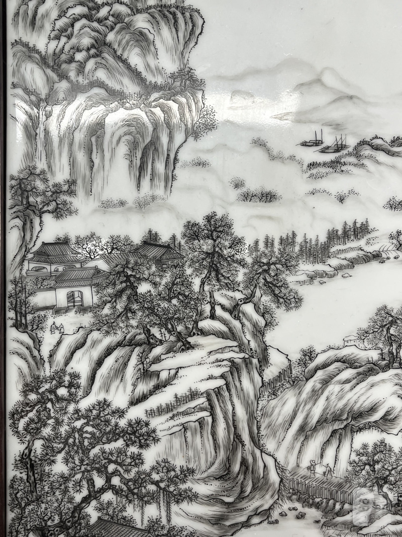 民国  墨彩刻瓷山水图插屏 - 图10